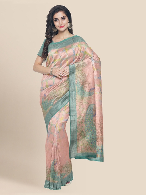 

KLM Fashion Mall Peach-Coloured Linen Blend Printed Banarasi Saree