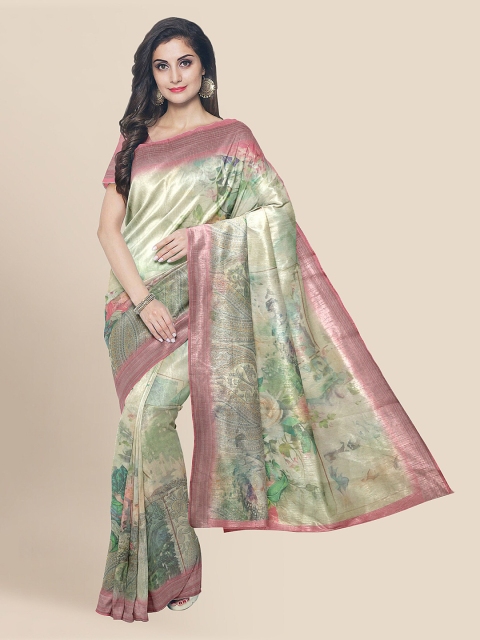 

KLM Fashion Mall Beige Linen Blend Printed Banarasi Saree