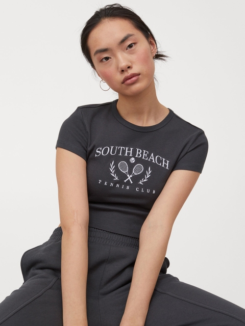 H&M Women Black and White Embroidered Cotton Cropped Top