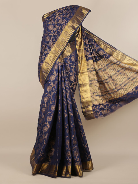 

Pothys Navy Blue & Gold-Toned Jute Silk Woven Design Saree
