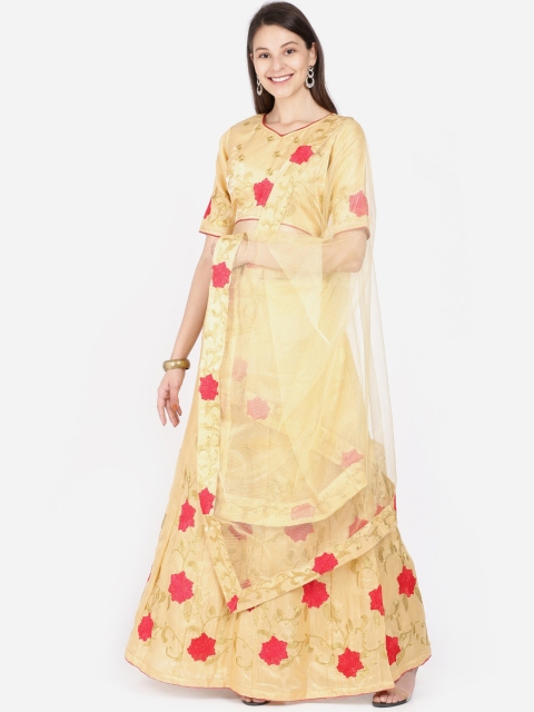 

SAADHVI Beige & Red Embroidered Semi-Stitched Lehenga & Blouse with Dupatta