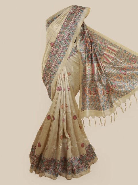 

Pothys Cream-Coloured Printed Jute Silk Saree With Tasseled Pallu
