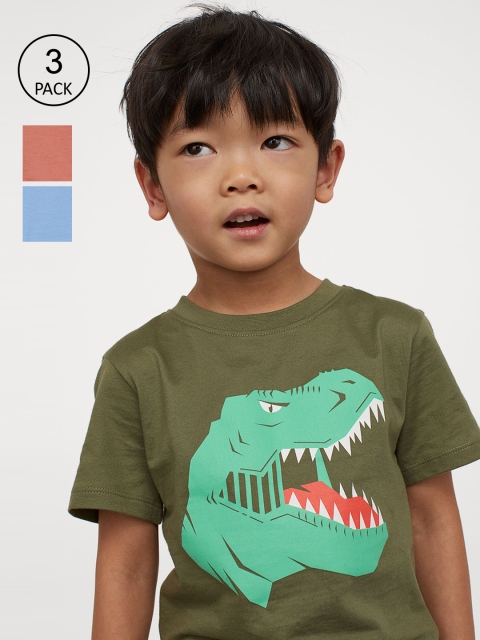 

H&M Boys 3-Pack Printed Pure Cotton T-shirts, Olive