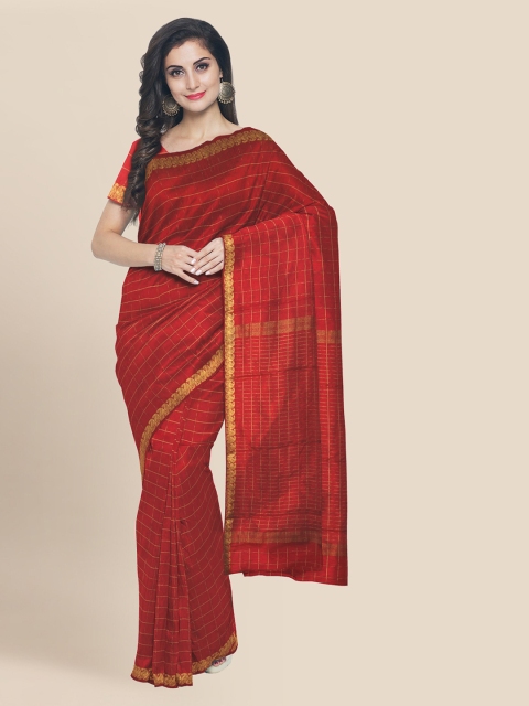 

KLM Fashion Mall Red Silk Blend Solid Banarasi Saree