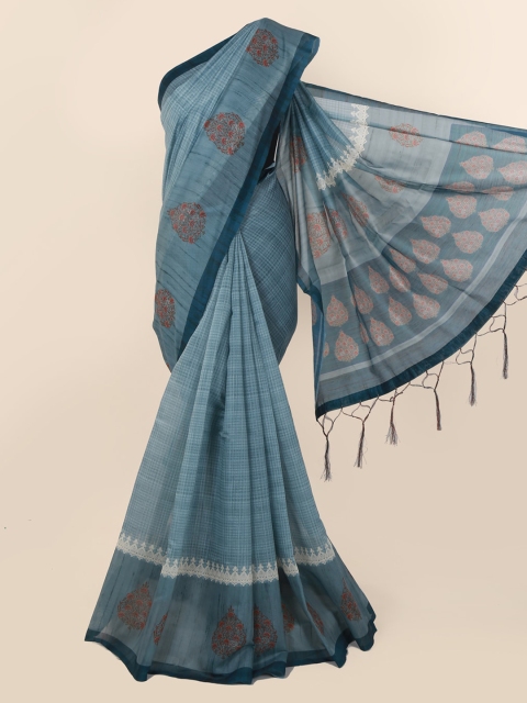 

Pothys Blue & White Cotton Blend Checked Saree