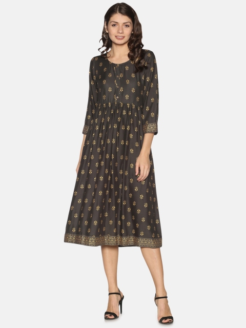 

Saffron Threads Women Grey & Gold-Coloured Printed Fit and Flare Dress