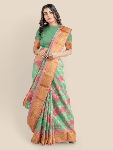 

KLM Fashion Mall Green & Pink Silk Blend Printed Banarasi Saree