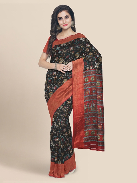 

KLM Fashion Mall Black & Orange Linen Blend Printed Banarasi Saree