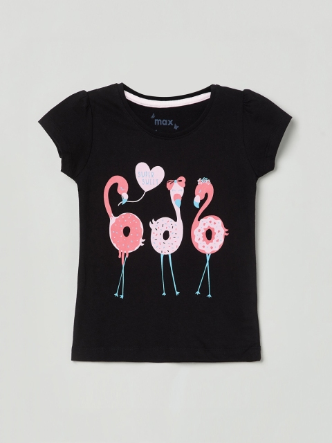 

max Girls Black & Pink Tropical Printed Pure Cotton Regular Top