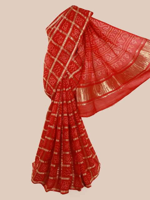 

Pothys Red Pure Silk Checked Bandhani Saree