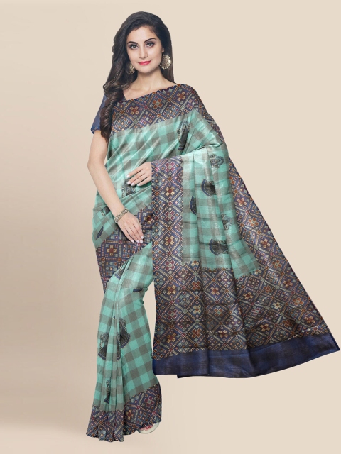 

KLM Fashion Mall Sea Green Silk Blend Printed Banarasi Saree