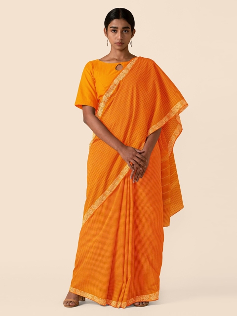

Taneira Orange Pure Cotton Checked Chettinad Saree