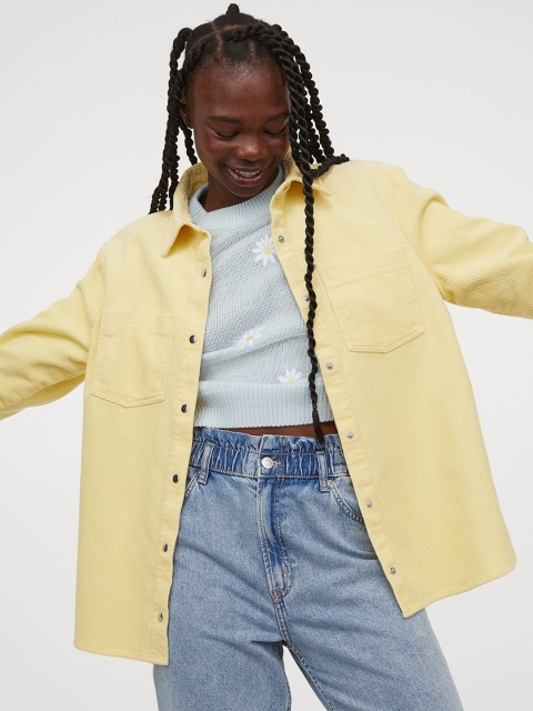 

H&M Women Yellow Self Design Corduroy Shirt