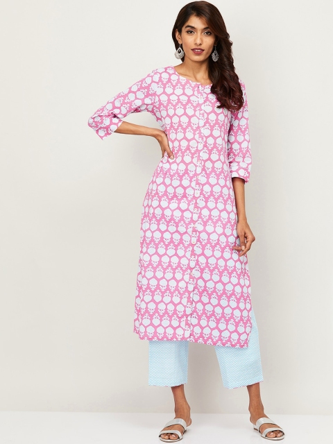 

Melange by Lifestyle Women Pink & Turquoise Blue Printed Kurta with Trousers