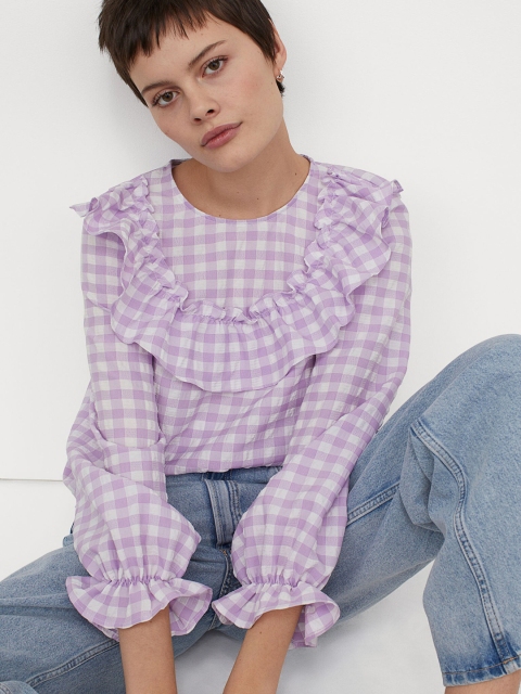 

H&M Women Lavender & White Checked Flounce-Trimmed Blouse