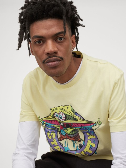 

HM Men Yellow Print-motif Pure Cotton T-shirt