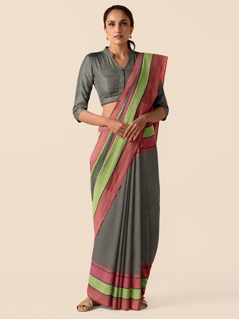 

Taneira Grey Pure Cotton Striped Chettinad Saree