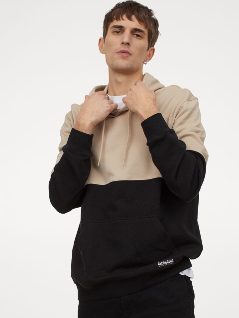 

H&M Men Beige & Black Block-coloured hoodie