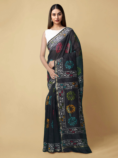 

Unnati Silks Women Black Pure Batik Chanderi Sico Sustainable Saree