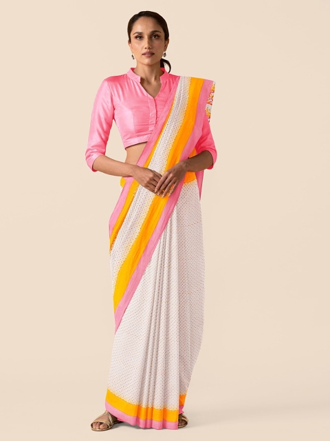 

Taneira White Pure Cotton Printed Taant Saree