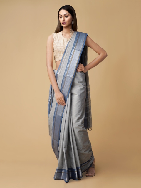 

Unnati Silks Grey Pure Cotton Striped Chettinad Saree