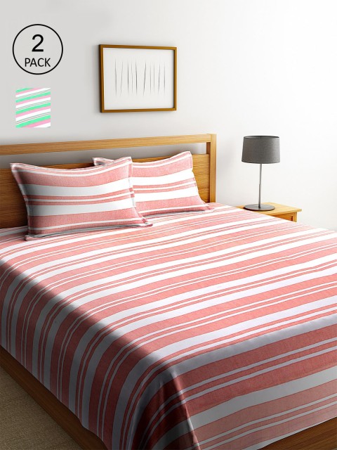 

KLOTTHE Set Of 2 Pink & Green Striped King Bed Covers With 4 Pillow Covers
