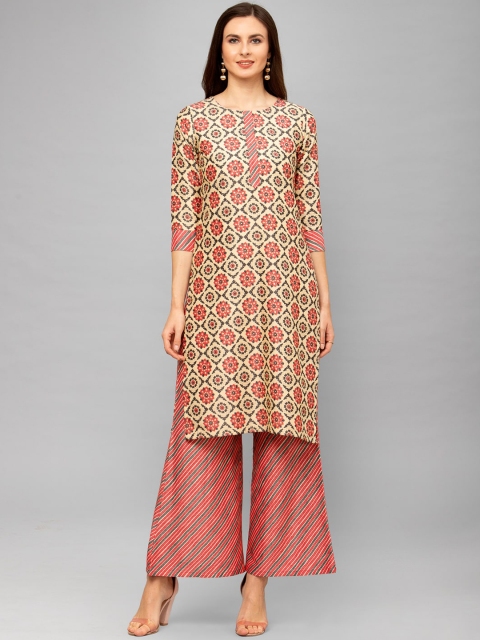

SANISA Women Cream-Coloured & Red Ethnic Motifs Printed Kurta