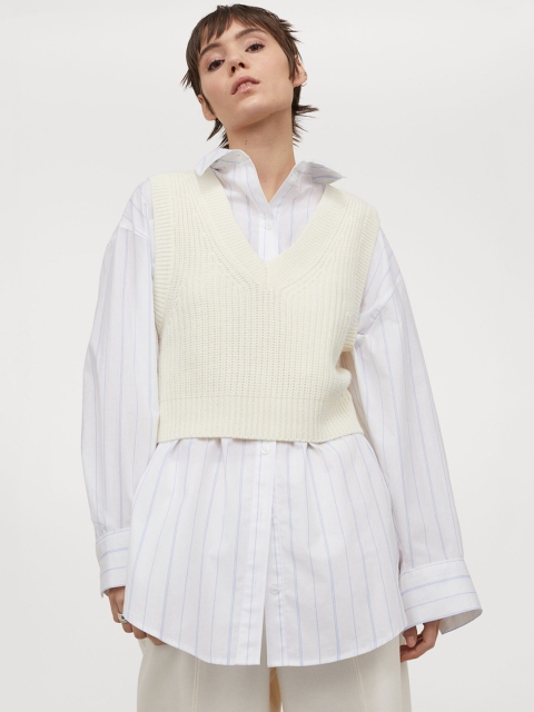 

H&M Women White & Blue Oversized Cotton Shirt