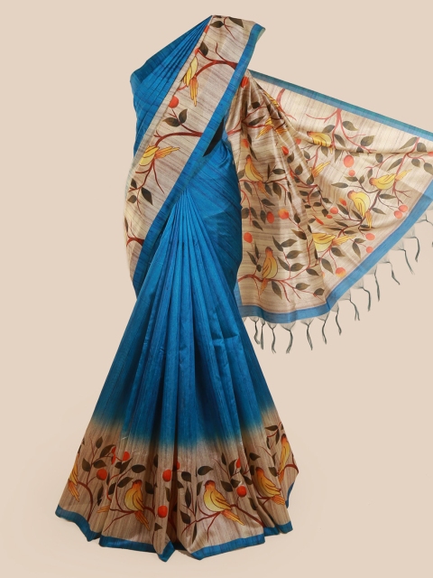 

Pothys Blue Solid Jute Silk Saree With Tasseled Pallu