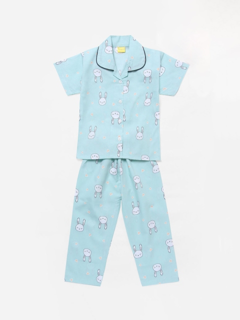 

The Magic Wand Girls Turquoise Blue & White Printed Night Suit