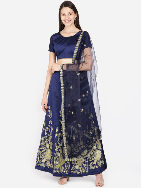 

SAADHVI Navy Blue & Gold-Toned Solid Semi-Stitched Lehenga & Unstitched Blouse with Dupatta