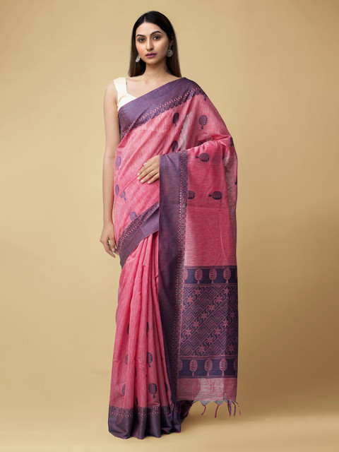 

Unnati Silks Pink Silk Cotton Woven Design Kanjeevaram Saree