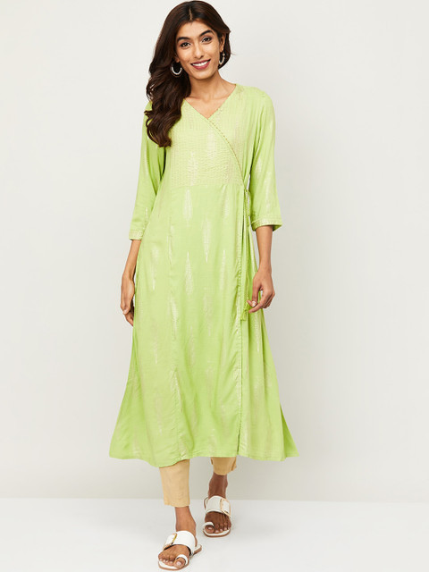 

Melange by Lifestyle Women Green & Silver-Toned Ethnic Motifs Angrakha Anarkali Kurta