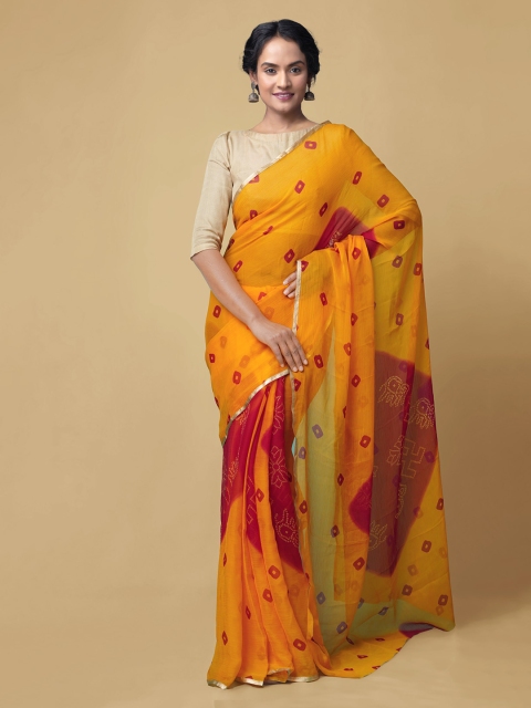 

Unnati Silks Orange & Red Pure Chiffon Printed Bandhani Saree