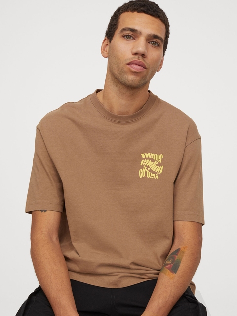 H&M Men Beige Printed Heavy Cotton Jersey T-shirt