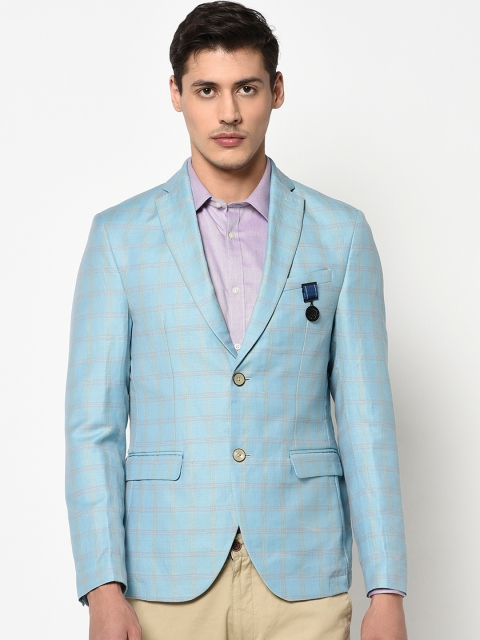 

Blackberrys Men Blue & Yellow Checked Slim-Fit Single-Breasted Casual Blazer