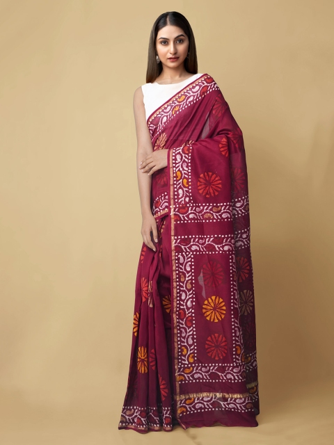 

Unnati Silks Maroon & White Silk Cotton Printed Chanderi Handloom Saree