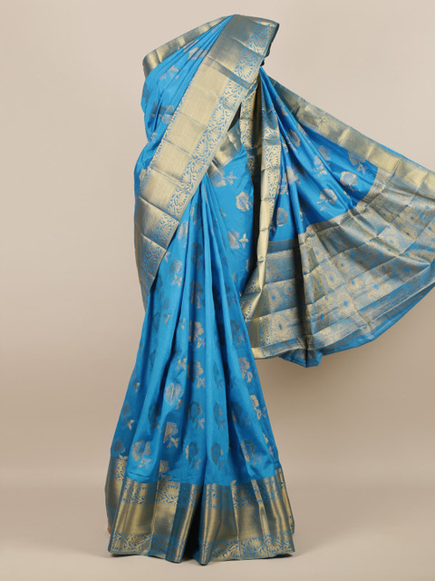 

Pothys Blue & Gold-Toned Jute Silk Woven Design Saree