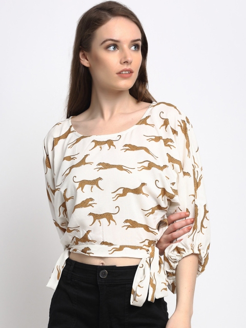 

Just Wow Cream-Coloured Printed Puff Sleeves Blouson Crop Top