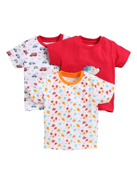 BUMZEE Unisex Kids Pack Of 3 Printed Round Neck Combed Interlock Cotton Pure Cotton T-shirt, White