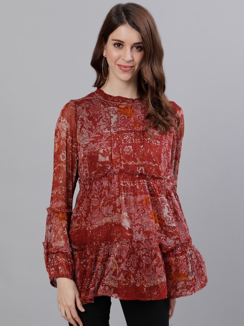 

Ishin Maroon & Off White Printed Mandarin Collar Georgette A-Line Top