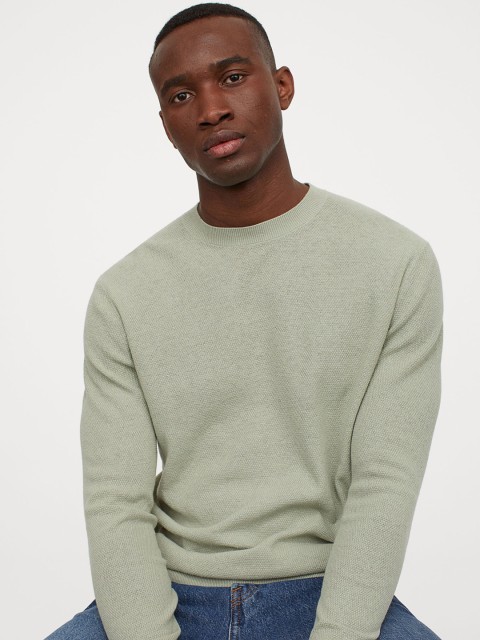 

H&M Men Green Self-Design Linen-Blend Jumper