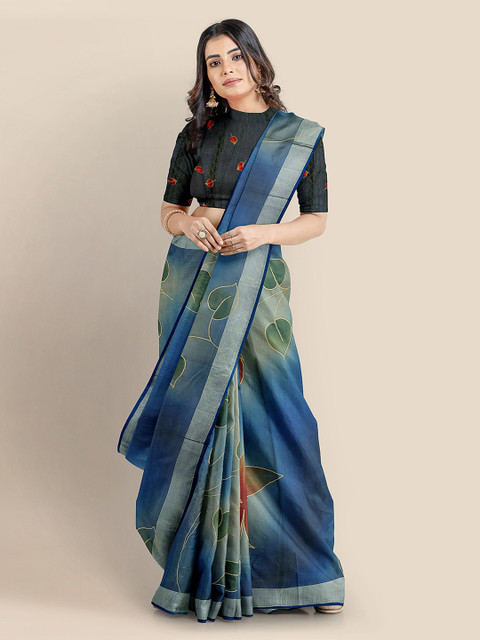 

KLM Fashion Mall Blue & Green Silk Blend Printed Banarasi Saree