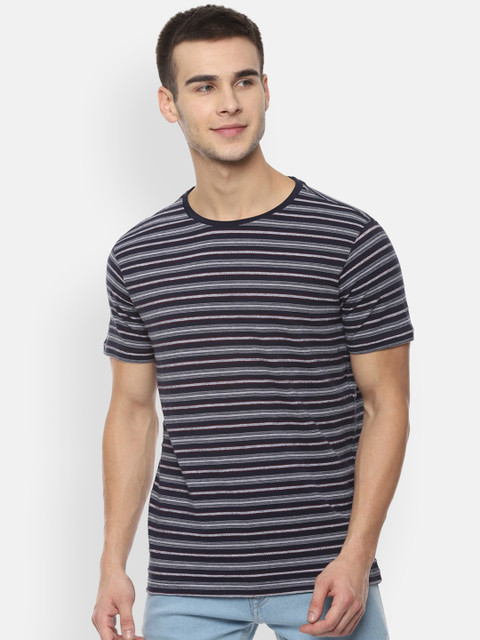 

Louis Philippe Jeans Men Black White Striped Round Neck Cotton Pure Cotton T-shirt