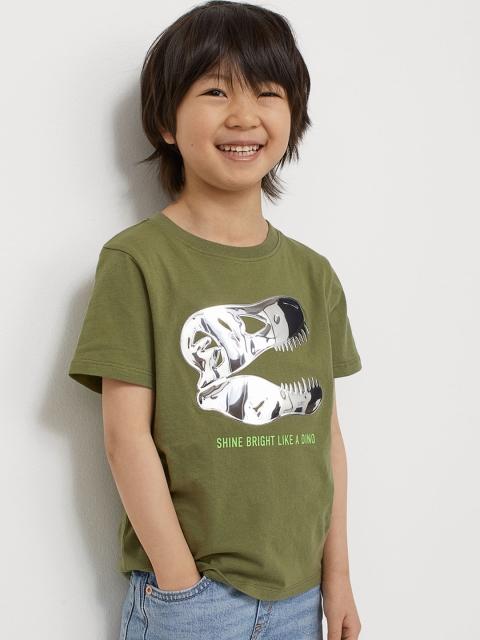 

H&M Boys Olive Green Printed Interactive-motif T-shirt
