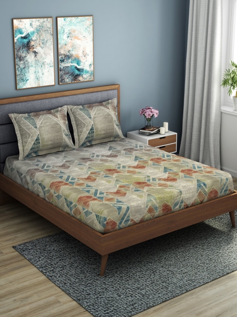 

SPACES Organic Cotton Beige & Red Geometric 180 TC Cotton 1 King Bedsheet with 2 Pillow Covers