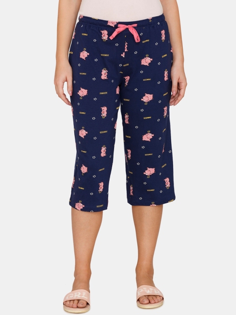 

Zivame Women Navy Blue & Pink Printed Regular Fit Capris