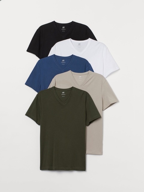 

H&M Men 5-pack Multicoloured Solid Slim Fit T-shirts, Multi