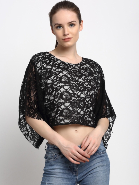 

Just Wow Black Self Design Bell Sleeves Lace Boxy Crop Top