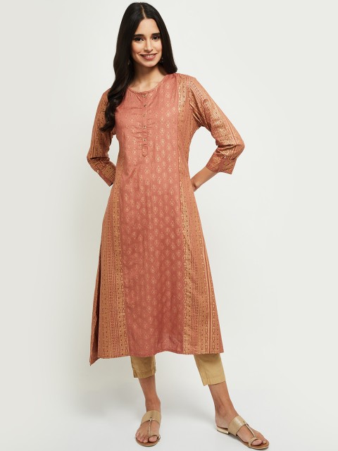 

max Women Brown & Gold-Toned Ethnic Motifs Printed Kurta